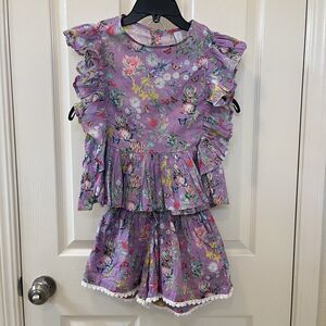 Olga Valentine Purple Floral Ruffle Top and Shorts 2-Pc Set Girls Size 6-7
